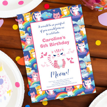 Birthday Party For Girl Kittens On Rainbows Announcement by DoodleDeDoo at Zazzle