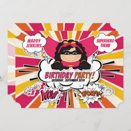 Birthday Party for Girls Super Kids Pink Comic Inv Invitation