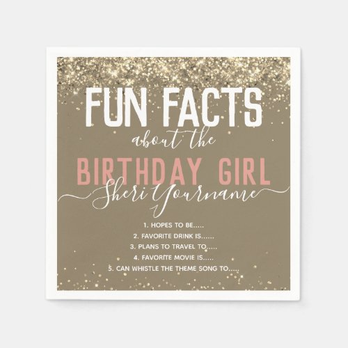 Birthday Party Fun Facts Gold Glitter Girly Napkin