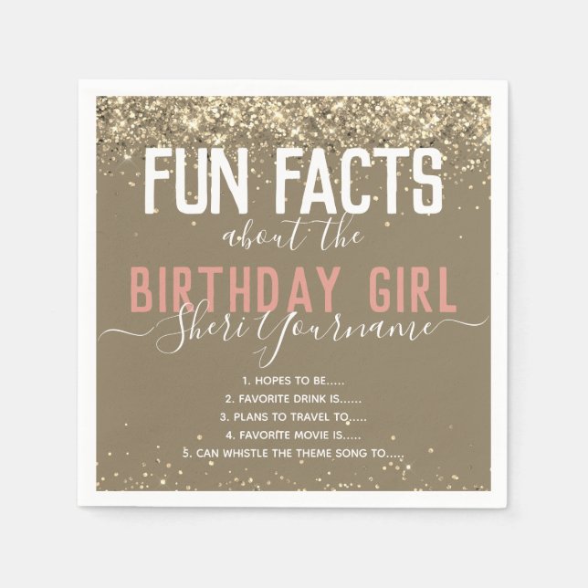 Birthday Party Fun Facts Gold Glitter Girly Napkin (Front)