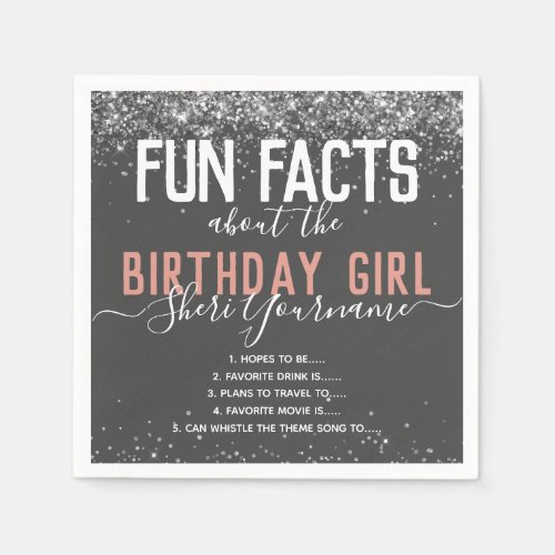 Birthday Party Fun Facts Pink Glitter Girly Napkin