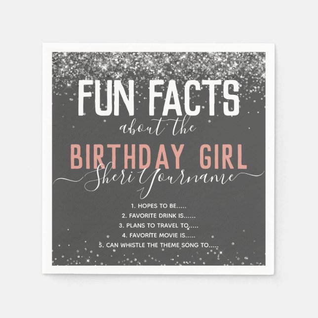 Birthday Party Fun Facts Pink Glitter Girly Napkin (Front)
