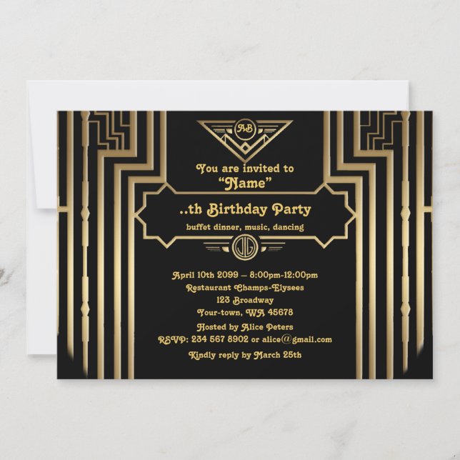Birthday Party, Gatsby style, Art-Deco,gold black Invitation (Front)