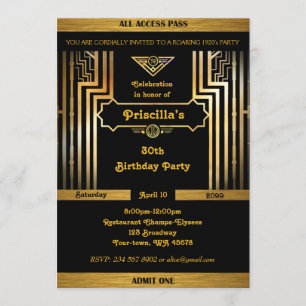 Birthday Party, Gatsby style, Art Deco,gold black Invitation