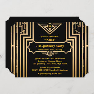 Birthday Party, Gatsby style, Art-Deco, gold&black Invitation