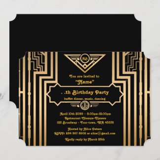 Birthday Party, Gatsby style, Art-Deco, gold&black Invitation