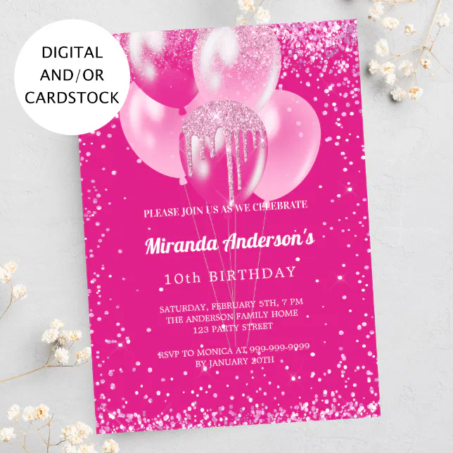 Birthday party girl hot pink balloons confetti invitation | Zazzle