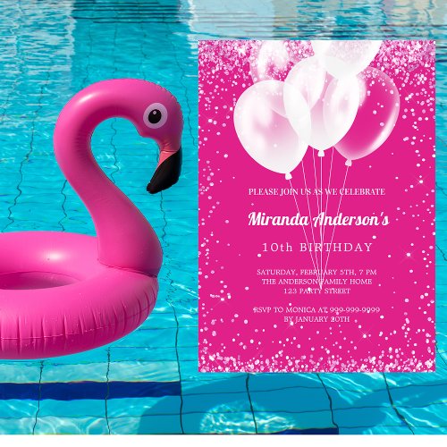 Birthday party girl hot pink white balloons invitation
