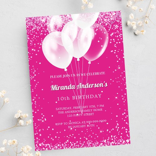 Birthday party girl hot pink white balloons invitation postcard