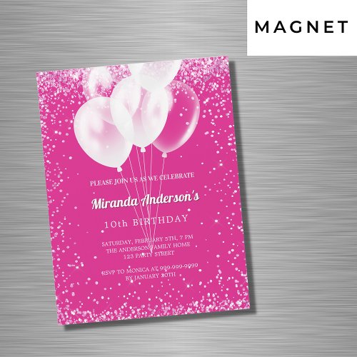 Birthday party girl hot pink white balloons luxury magnetic invitation