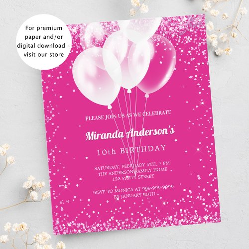 Birthday party girl pink balloon budget invitation flyer