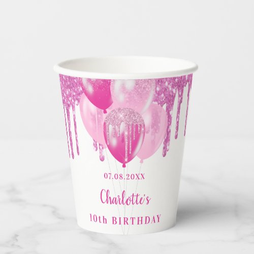 Birthday party girl pink glitter balloons name paper cups