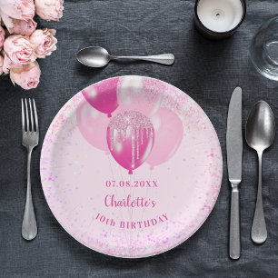 Birthday party girl pink glitter balloons paper plates