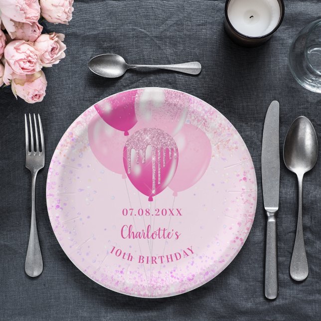 Birthday party girl pink glitter balloons paper plates (Creator Uploaded)