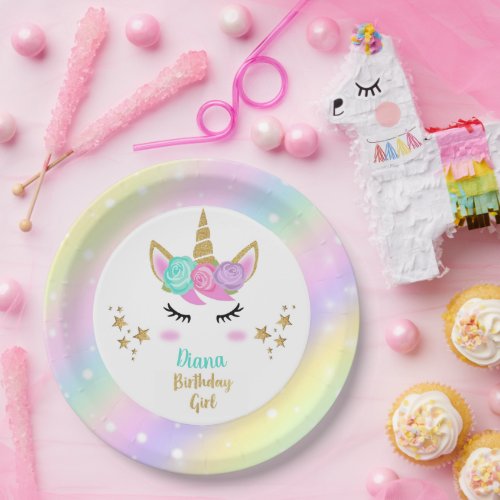 Birthday Party Girl Plate with Unicorn  Name