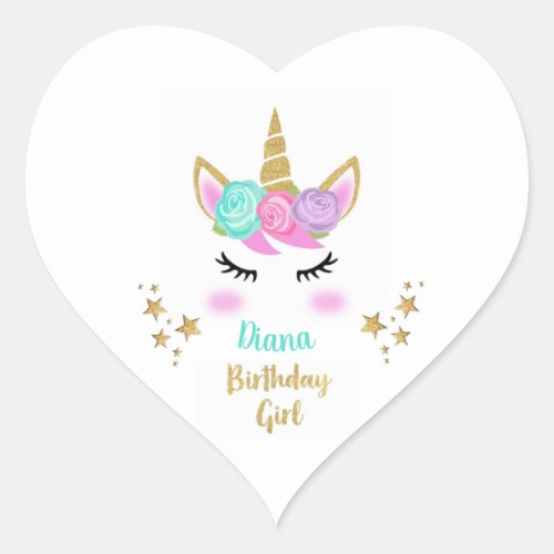 Birthday Party Girl Plate with Unicorn  Name Heart Sticker