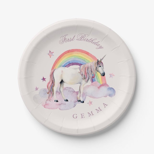 Birthday Party Girl Rainbow Balloons Unicorn Pink Paper Plates (Front)