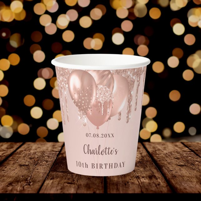 Birthday party girl rose gold glitter balloons paper cups (Creator Uploaded)