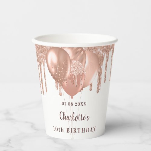 Birthday party girl rose gold glitter drips white paper cups