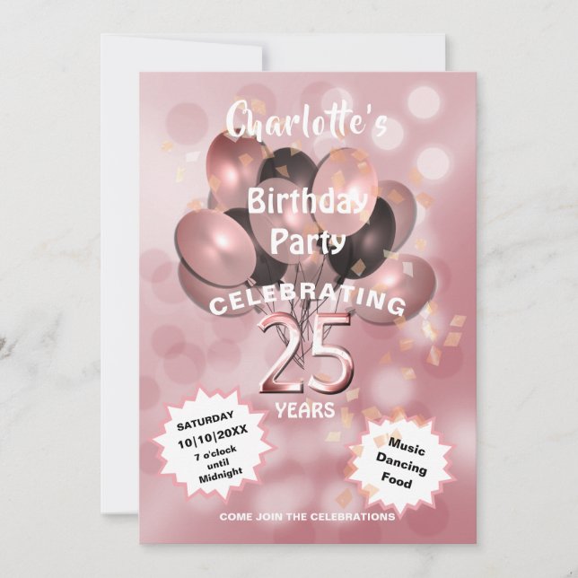 Birthday Party Glam Sparkle Glitz Rose 25th Invitation (Front)