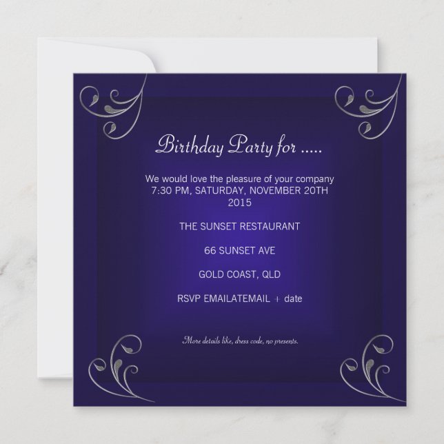 Birthday Party Glamorous Royal Navy Blue Silver Invitation (Front)