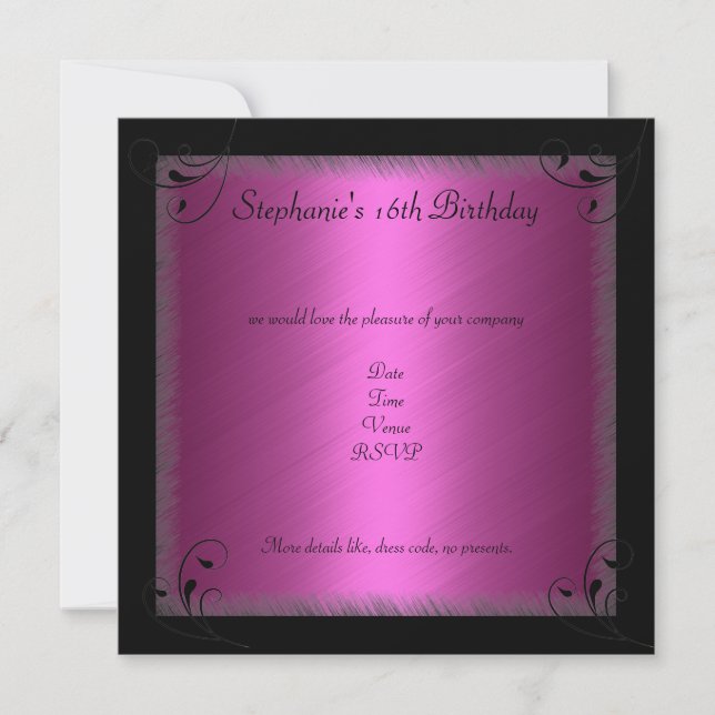 Birthday Party Glamour Hot Pink Black Sweet 16 Invitation (Front)