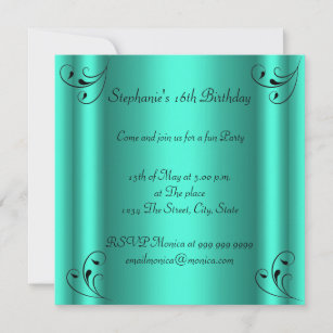 Birthday Party Glamour Hot Teal Black Sweet 16 Invitation