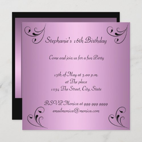 Birthday Party Glamour Pink Black Sweet 16 Invitation