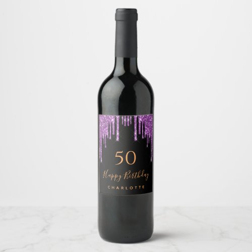 Birthday party glitter black purple elegant wine label