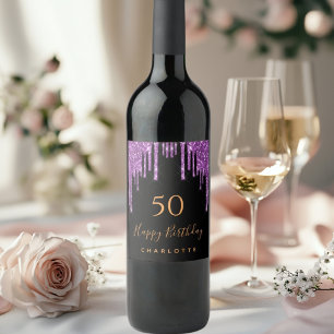 Birthday party glitter black purple elegant wine label