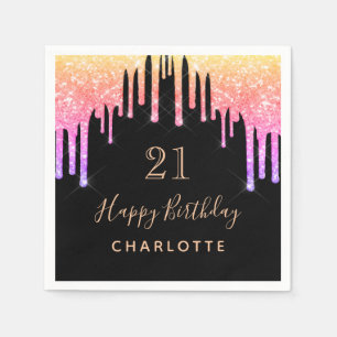 Birthday party glitter black rainbow pink sparkle napkins