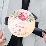 Birthday party glitter blush pink rose gold floral classic round sticker<br><div class="desc">A romantic sticker for a 50th (or any age) birthday party. A rose gold and blush pink gradient background. A large pink watercolored rose, green leaves, foliage with small golden flowers. A rose gold faux glitter drip ribbon behind the flowers. Personalize and add a date, name and age 50. Dark...</div>
