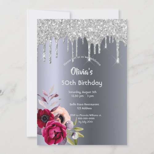 Birthday party glitter drip burgundy florals invitation