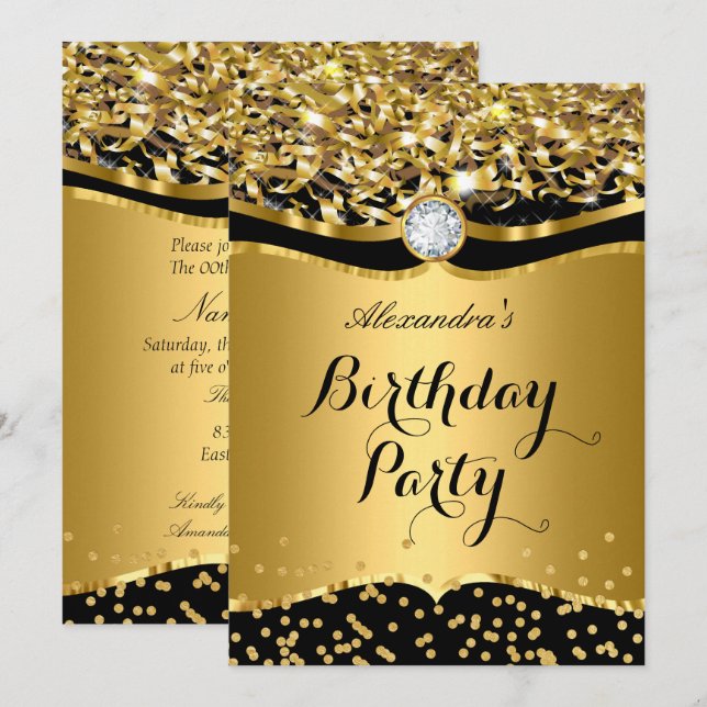 Birthday Party Glitter Gold Black Confetti Invite (Front/Back)