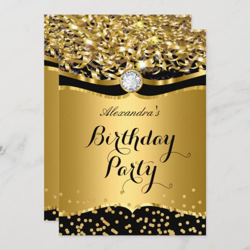 Birthday Party Glitter Gold Black Confetti Invite