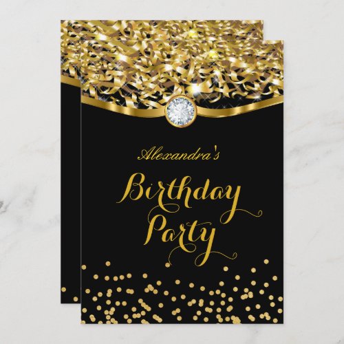Birthday Party Glitter Gold Black Invitation