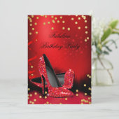 Birthday Party Glitter Red High Heels Gold Black Invitation (Standing Front)