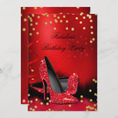 Birthday Party Glitter Red High Heels Gold Black Invitation (Front/Back)