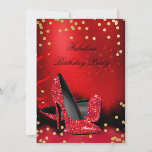 Birthday Party Glitter Red High Heels Gold Black Invitation
