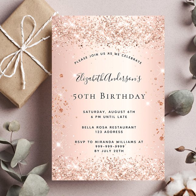 Birthday party glitter rose gold metal sparkle invitation postcard (Creator Uploaded)