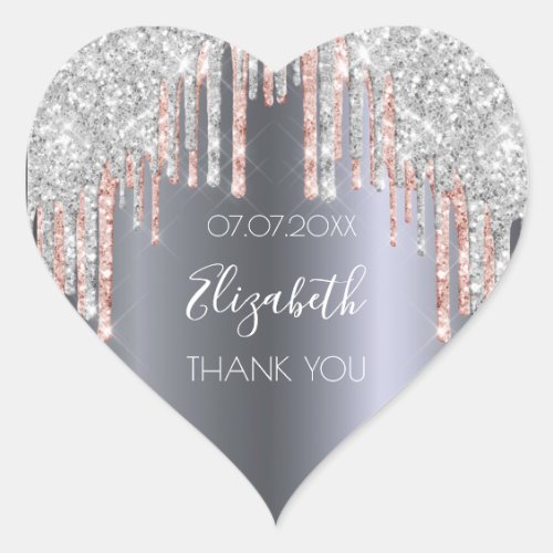 Birthday party glitter silver pink Thank You Heart Sticker