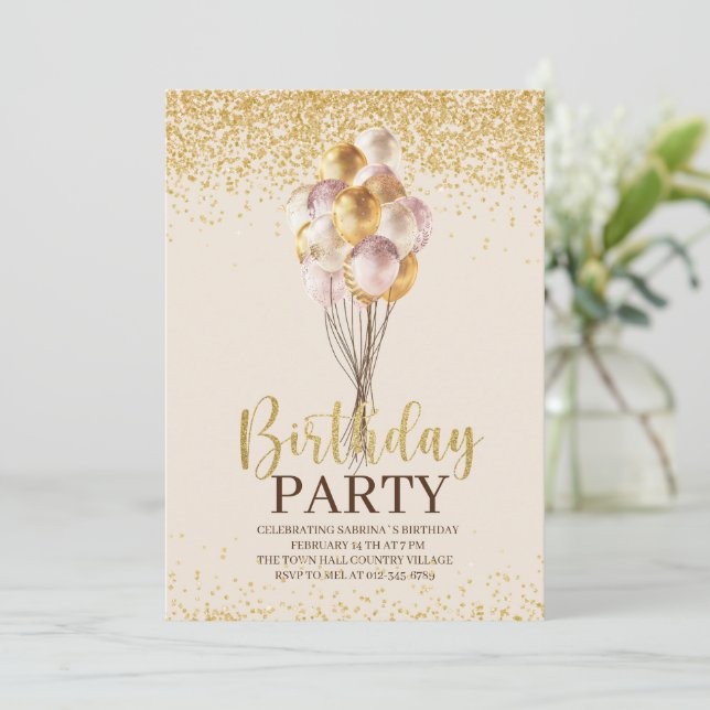 Birthday Party Gold and Black Personalized Invitat Invitation (Standing Front)