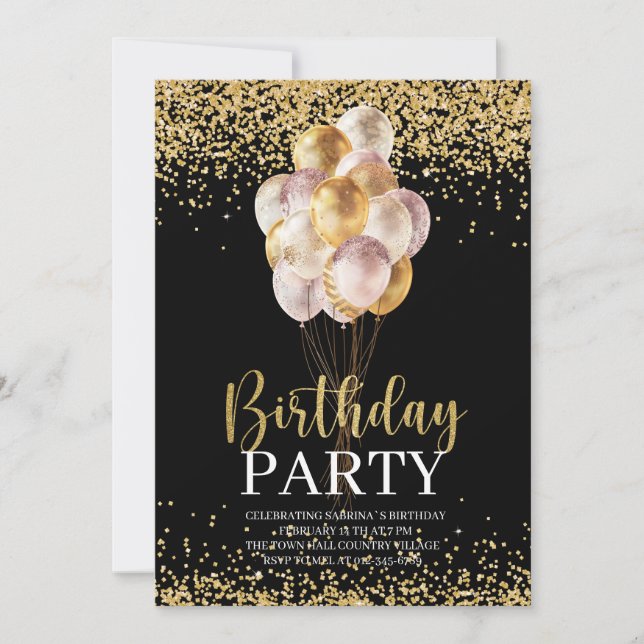 Birthday Party Gold and Black Personalized Invitation (Front)