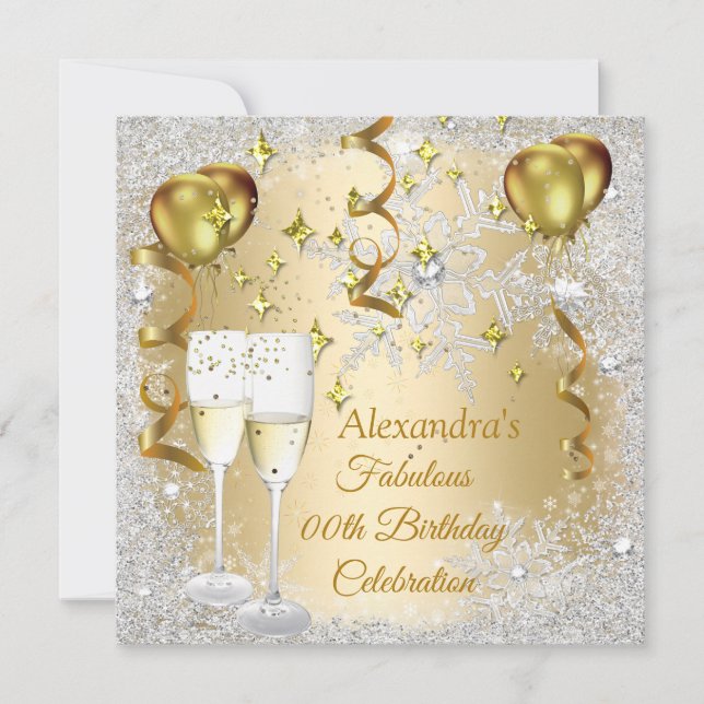 Birthday Party Gold Balloons champagne snowflake Invitation (Front)