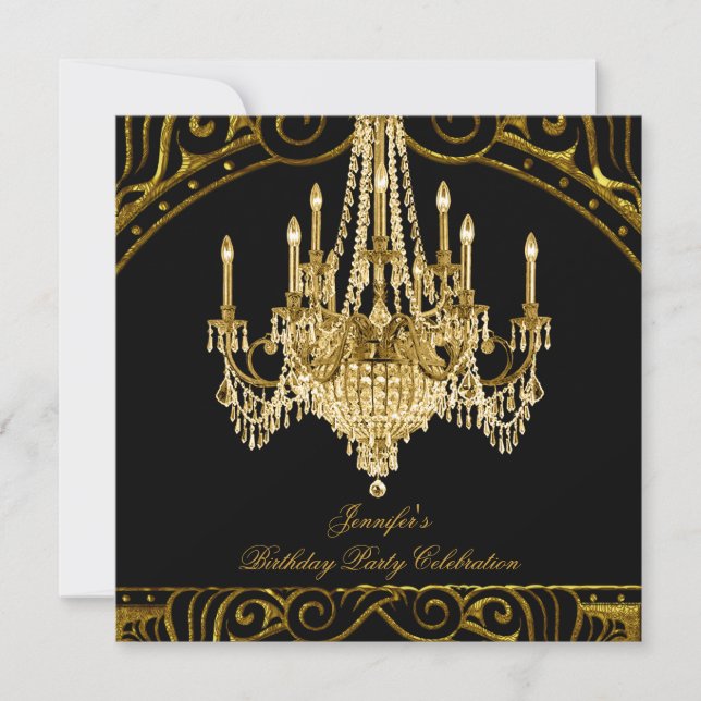 Birthday Party Gold Black Chandelier Invitation (Front)