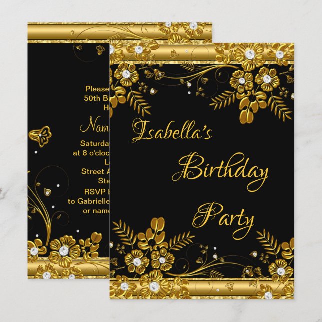 Birthday Party Gold Black Diamond Floral Swirl Invitation (Front/Back)