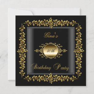 Birthday Party Gold Black Floral Womens 50th Invitation