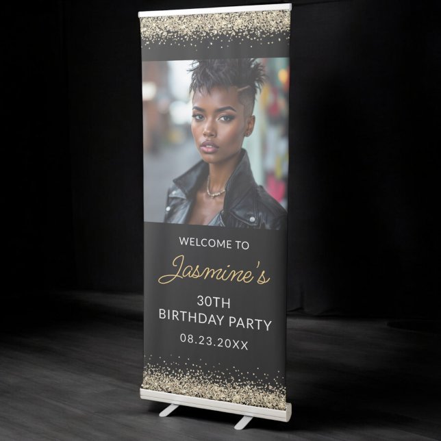 Birthday Party Gold Black Glitter Photo Instagram  Retractable Banner (Creator Uploaded)