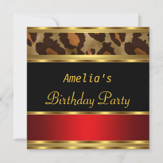 Birthday Party Gold Black Red Leopard Invitation