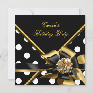 Birthday Party Gold Black White Polka Dot Image Invitation